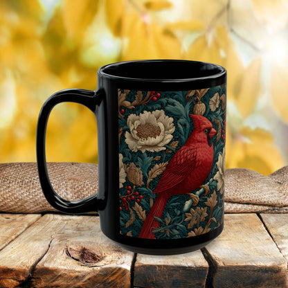 Red Cardinal Coffee Mug William Morris Inspired Floral Black Ceramic Cup (11oz, 15oz)