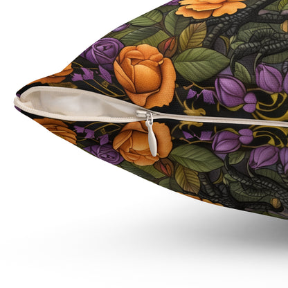 Mystical Raven Halloween Roses Throw Pillow | William Morris Inspired Raven Halloween Pillow Decor