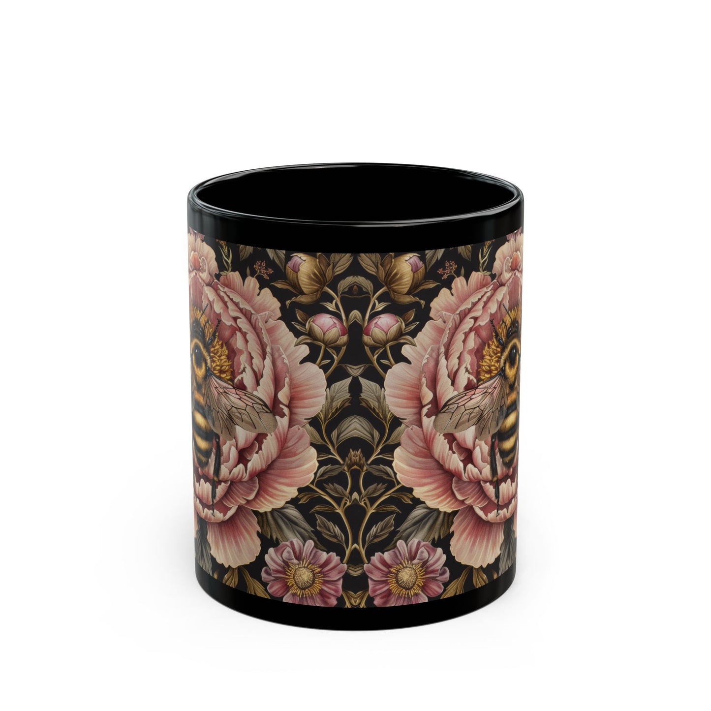 William Morris Inspired Bumblebee Pink Peony Black Coffee Mug For Her Him Ceramic Mug Black Mug 11oz, 15oz