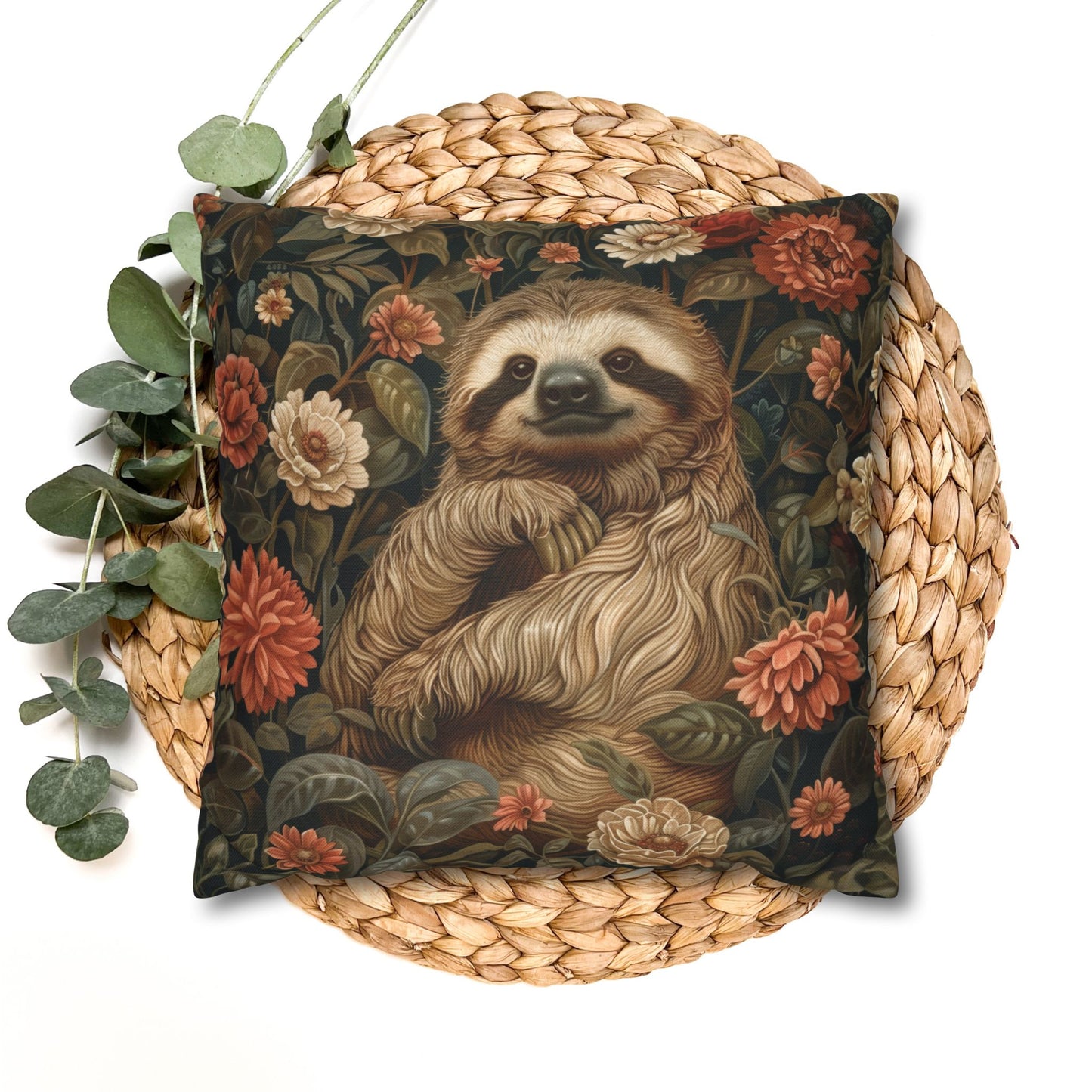 Botanical Sloth Pillowcase, Cozy Woodland Animal Cushion, William Morris Inspired Floral Throw Pillowcase