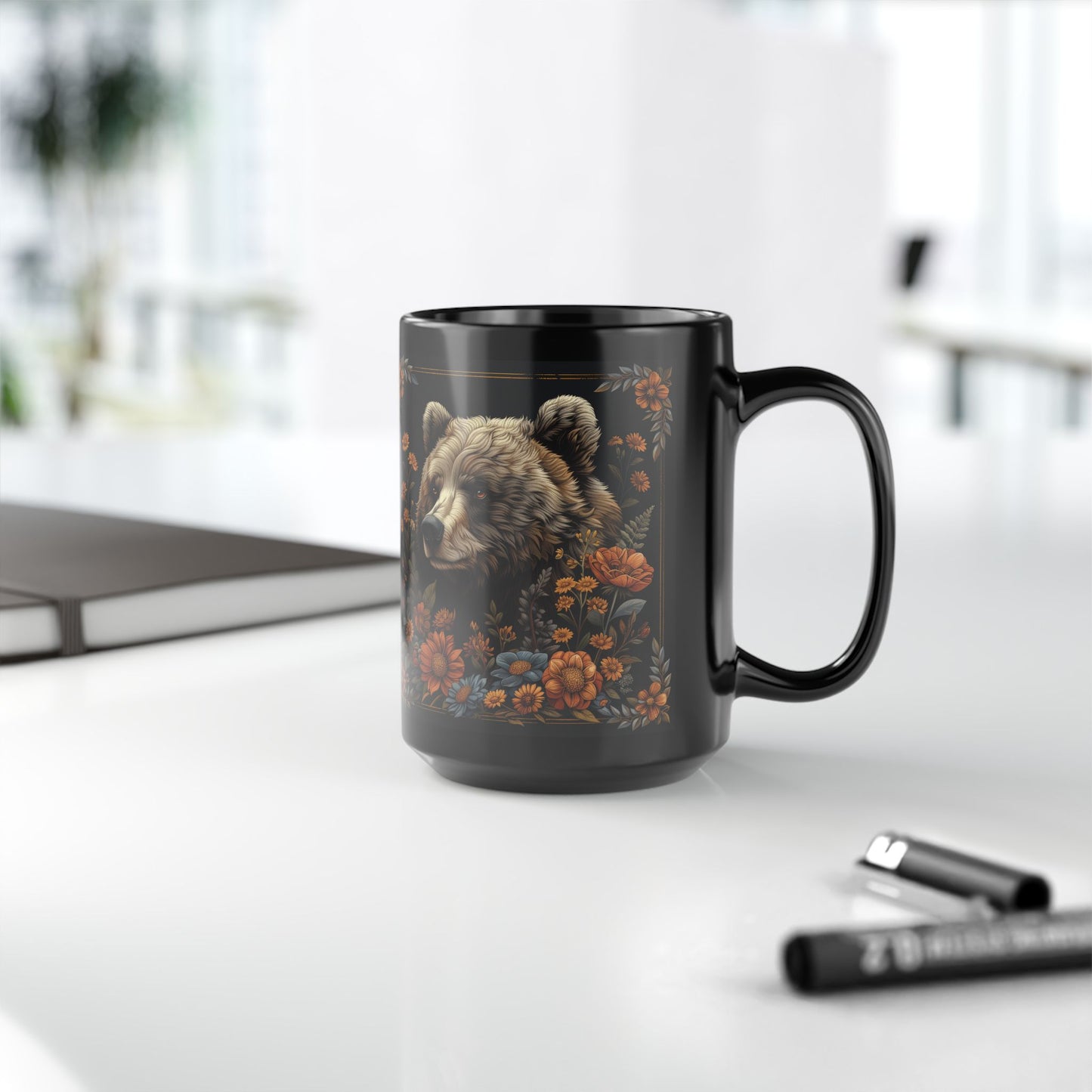 William Morris Inspired Floral Mama Bear Black Coffee Mug 11oz, 15 oz