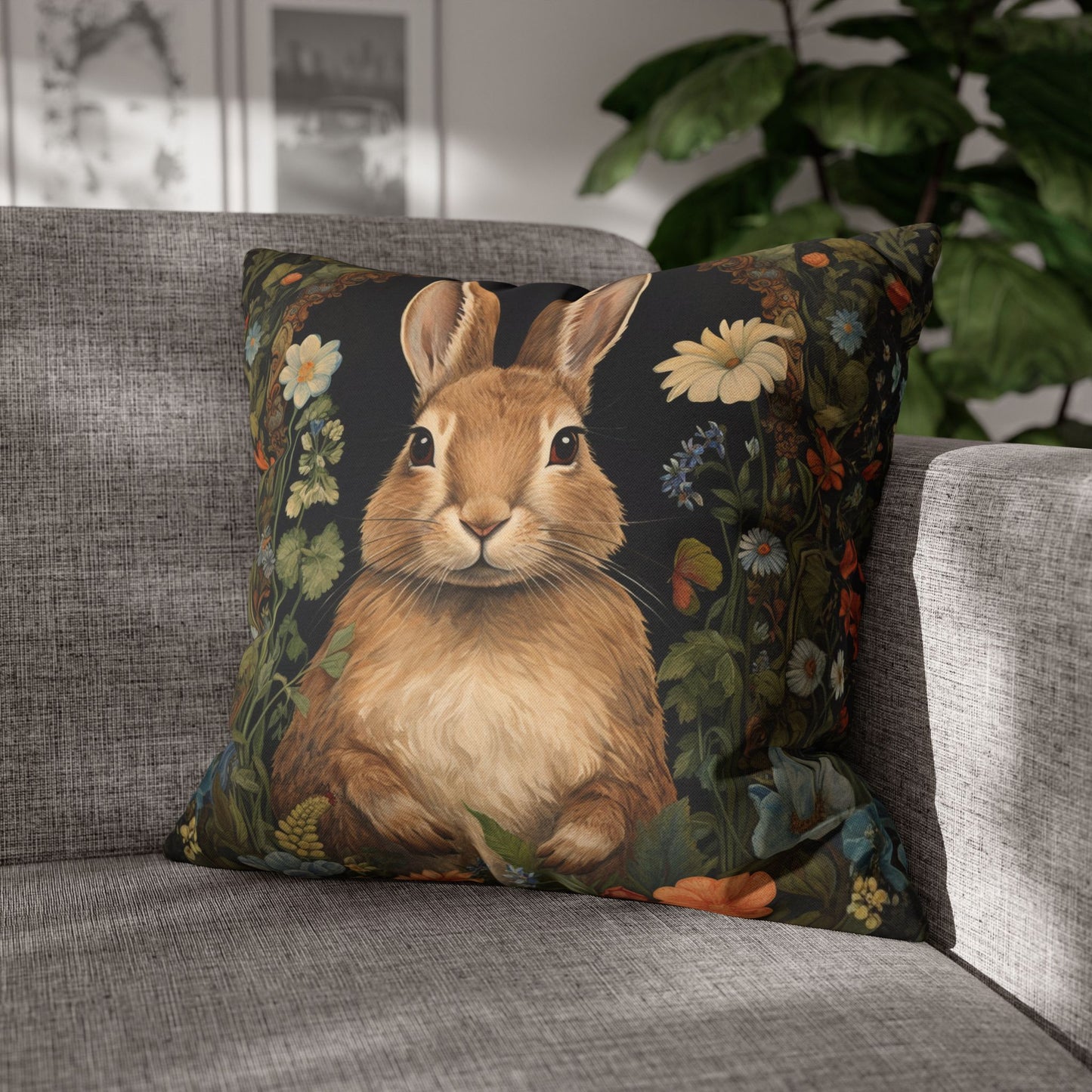 Rustic Bunny Floral Throw Pillowcase, Cute Rabbit Decorative Pillow Cover