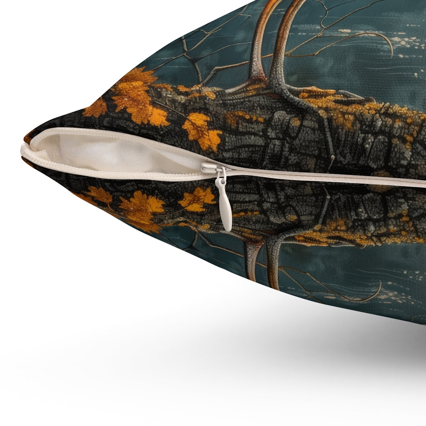 Autumn Heron Throw Pillow: Rustic Lake Scene Wildlife Decor