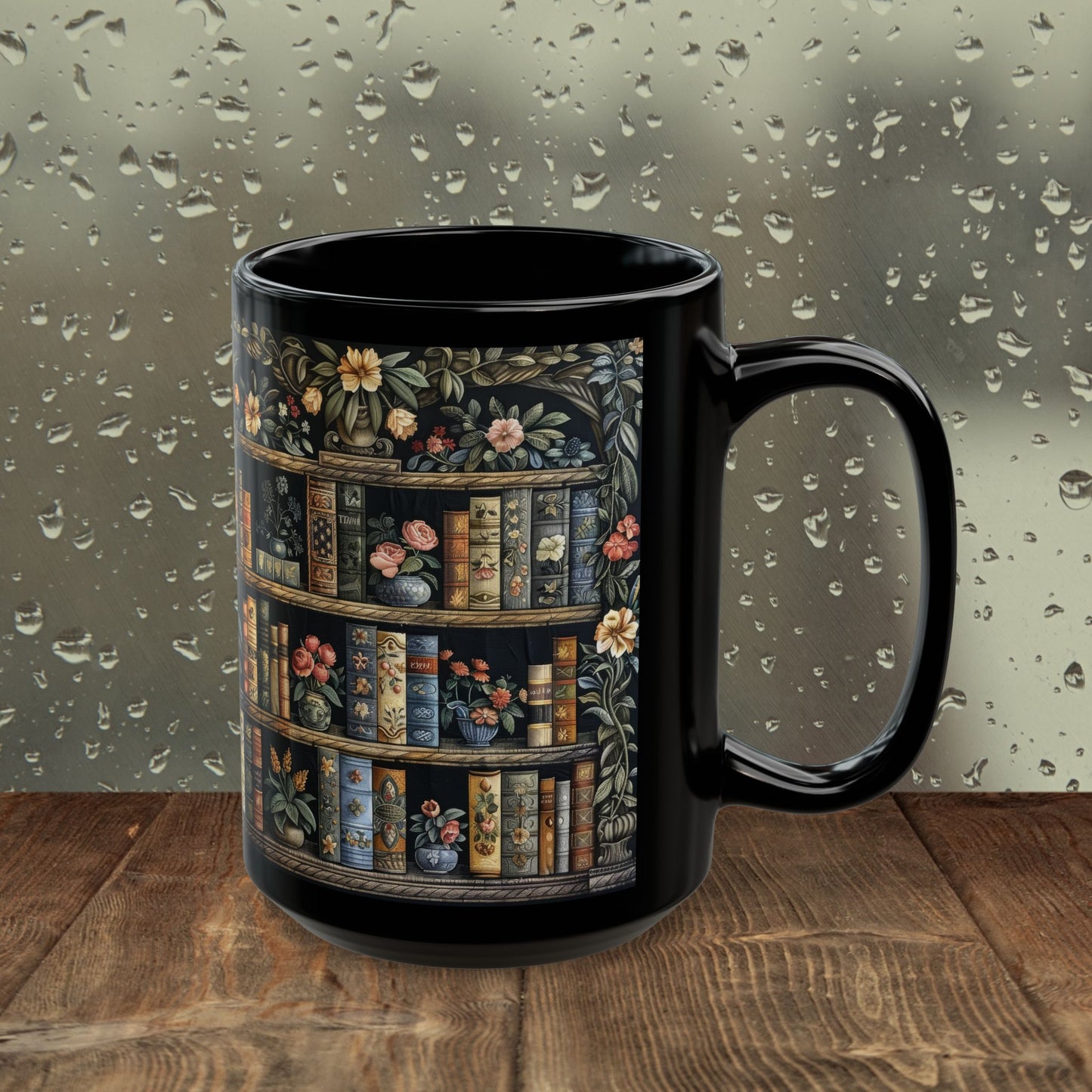Vintage Bookshelf Mug, William Morris Style Library Black Ceramic Mug, Dark Academia Floral Book Lover Coffee Cup 11oz & 15oz