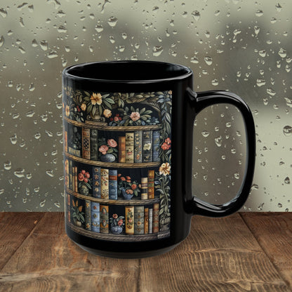 Vintage Bookshelf Mug, William Morris Style Library Black Ceramic Mug, Dark Academia Floral Book Lover Coffee Cup 11oz & 15oz