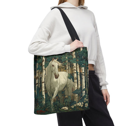 William Morris Inspired White Horse Forest Tote Bag | Woodland Stallion Market Bag