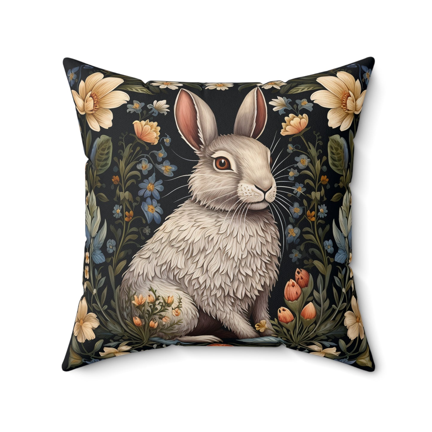 Botanical Bunny William Morris Inspired Pillow, Decorative Rabbit Cushion, Spun Polyester Square Pillow