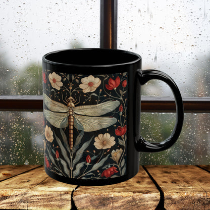 William Morris Inspired Botanical Dragonfly Black Mug 11oz, 15 oz