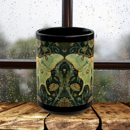 Woodland Luna Moth William Morris Inspired Black Coffee Mug For Her Him Ceramic Mug Black Mug 11oz, 15oz