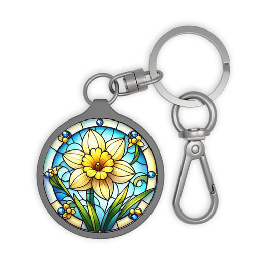 March Daffodil Keyring Tag Birth Month Flower, Daffodil Faux Watercolor Stained Glass