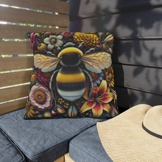 Bumblebee Floral Outdoor Pillow, Bee Throw Pillow, Botanical Garden Cushion, Cottagecore Decor, Spring Summer Accent Pillow, Nature Lover Gift
