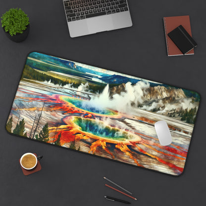 Yellowstone National Park Desk Mat 2 Sizes | Watercolor Faux Stained Glass | Gamer Keyboard Desk Mats