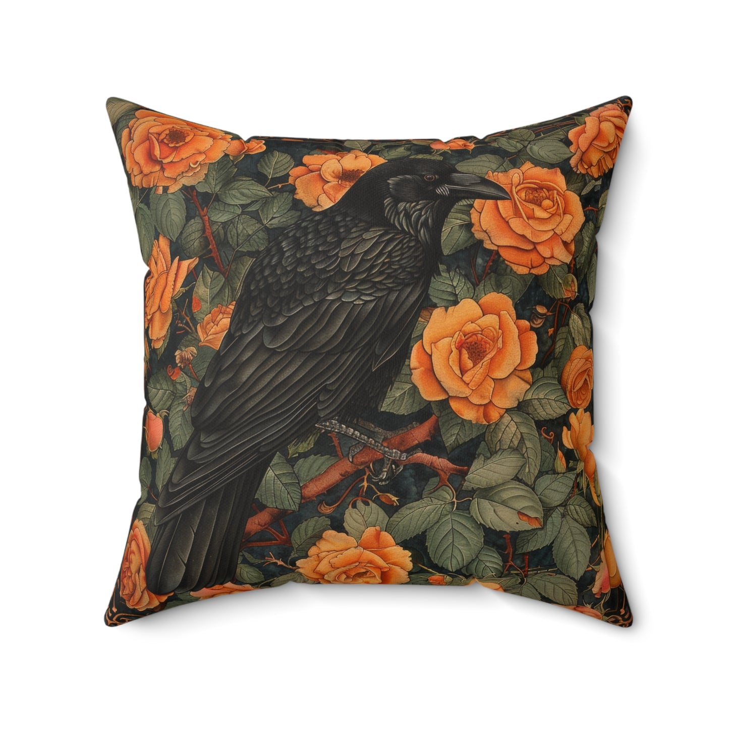 Raven Orange Roses Gothic Throw Pillow | William Morris Inspired Raven Halloween Pillow Decor