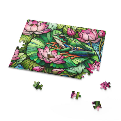 Stained Glass Frog Pink Water Lily Puzzle (120, 252, 500-Piece) Family Jigsaw Puzzle, Puzzle Box Gift