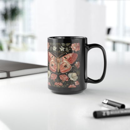 Woodland Pink Primrose Moth William Morris Inspired Black Coffee Mug For Her Him Ceramic Mug Black Mug 11oz, 15oz