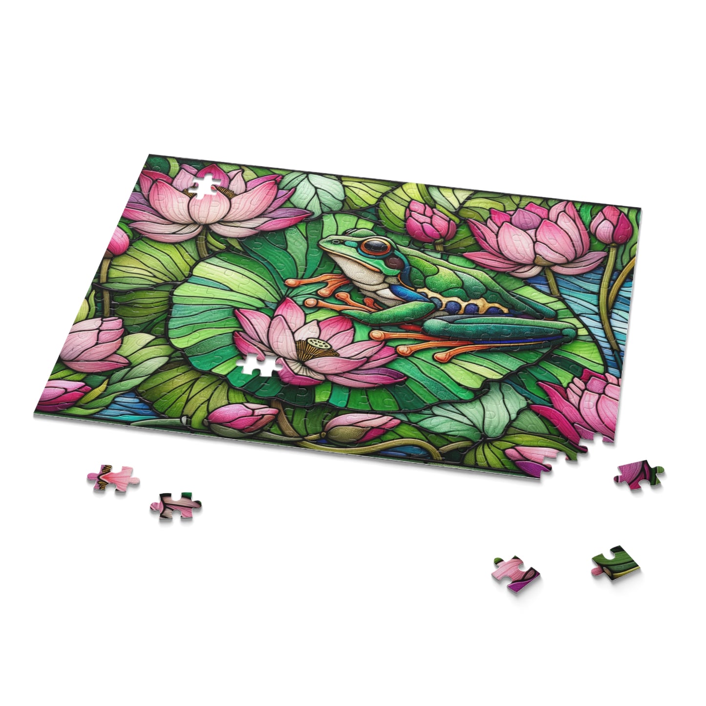 Stained Glass Frog Pink Water Lily Puzzle (120, 252, 500-Piece) Family Jigsaw Puzzle, Puzzle Box Gift
