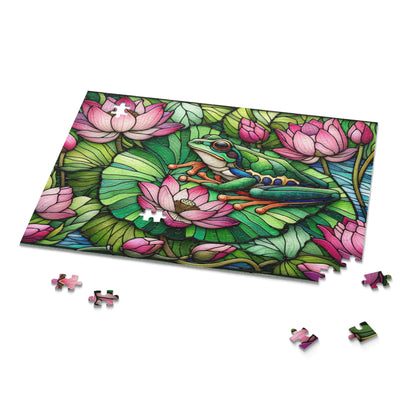 Stained Glass Frog Pink Water Lily Puzzle (120, 252, 500-Piece) Family Jigsaw Puzzle, Puzzle Box Gift