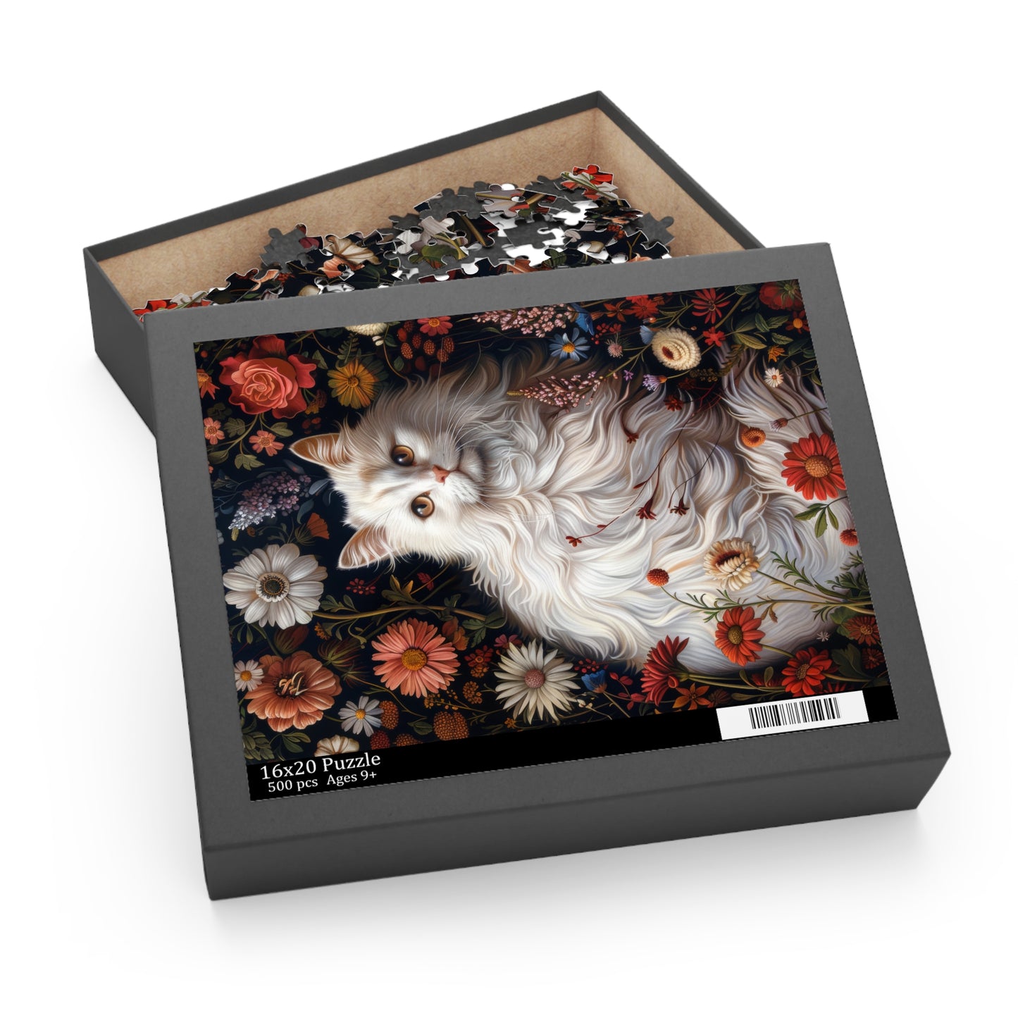 William Morris Inspired Botanical White Persian Cat Jigsaw Puzzle Box (120, 252, 500-Piece)