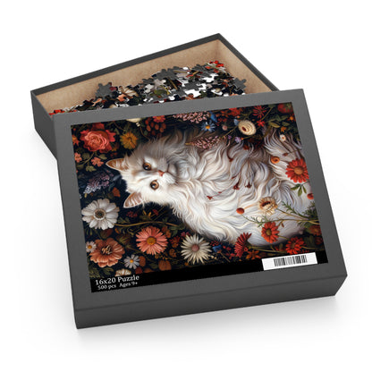 William Morris Inspired Botanical White Persian Cat Jigsaw Puzzle Box (120, 252, 500-Piece)