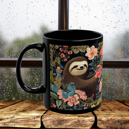 Floral Sloth Black Mug - Cute Coffee/Tea Cup (11oz & 15oz)