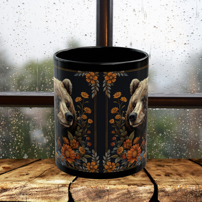 William Morris Inspired Floral Mama Bear Black Coffee Mug 11oz, 15 oz