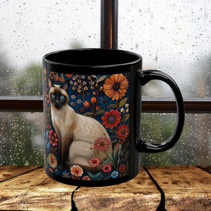 Siamese Cat Coffee Mug: William Morris Floral Design, Black Ceramic (11oz, 15oz)