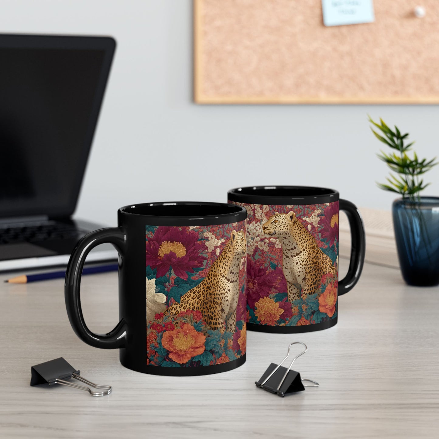 Floral Leopard Mug, Black Ceramic Jungle Coffee Cup 11oz & 15oz – Tropical Wild Cat Art Gift for Animal Lovers & Home Decor
