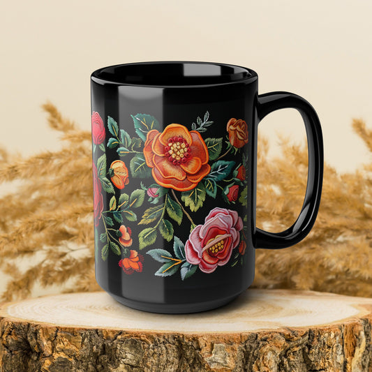 Vintage Roses Pattern Embroidery Black Mug 11oz/15oz
