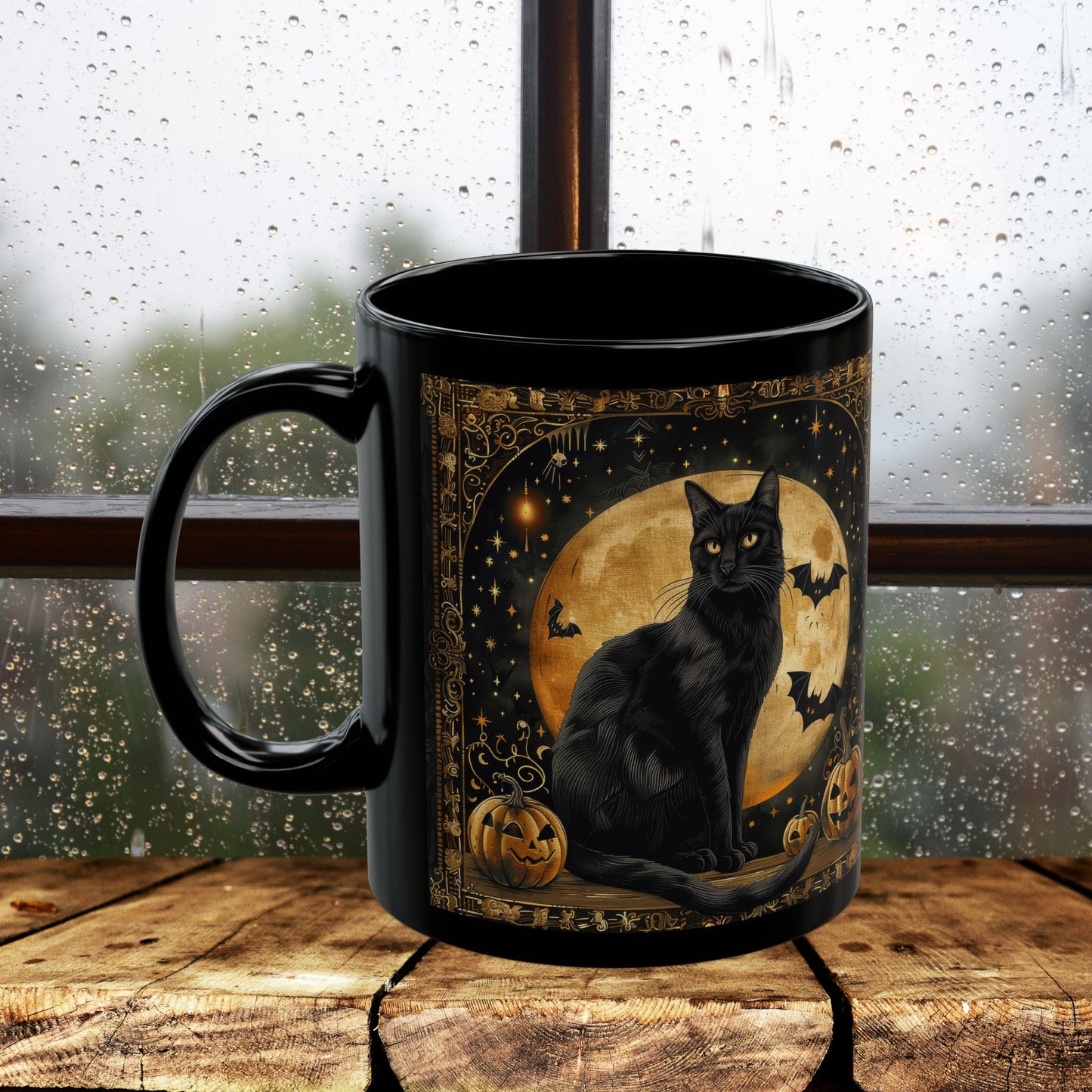 Art Deco Full Moon Black Cat Mug, William Morris Inspired, Black Coffee Cup 11oz, 15oz, Cat Lover Gift, Halloween Mug, Gothic Kitchen Decor,
