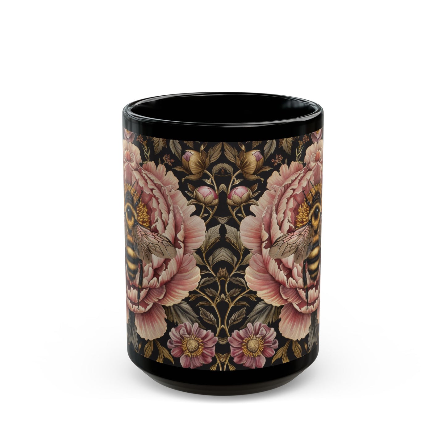 William Morris Inspired Bumblebee Pink Peony Black Coffee Mug For Her Him Ceramic Mug Black Mug 11oz, 15oz