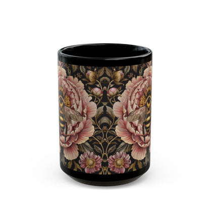 William Morris Inspired Bumblebee Pink Peony Black Coffee Mug For Her Him Ceramic Mug Black Mug 11oz, 15oz