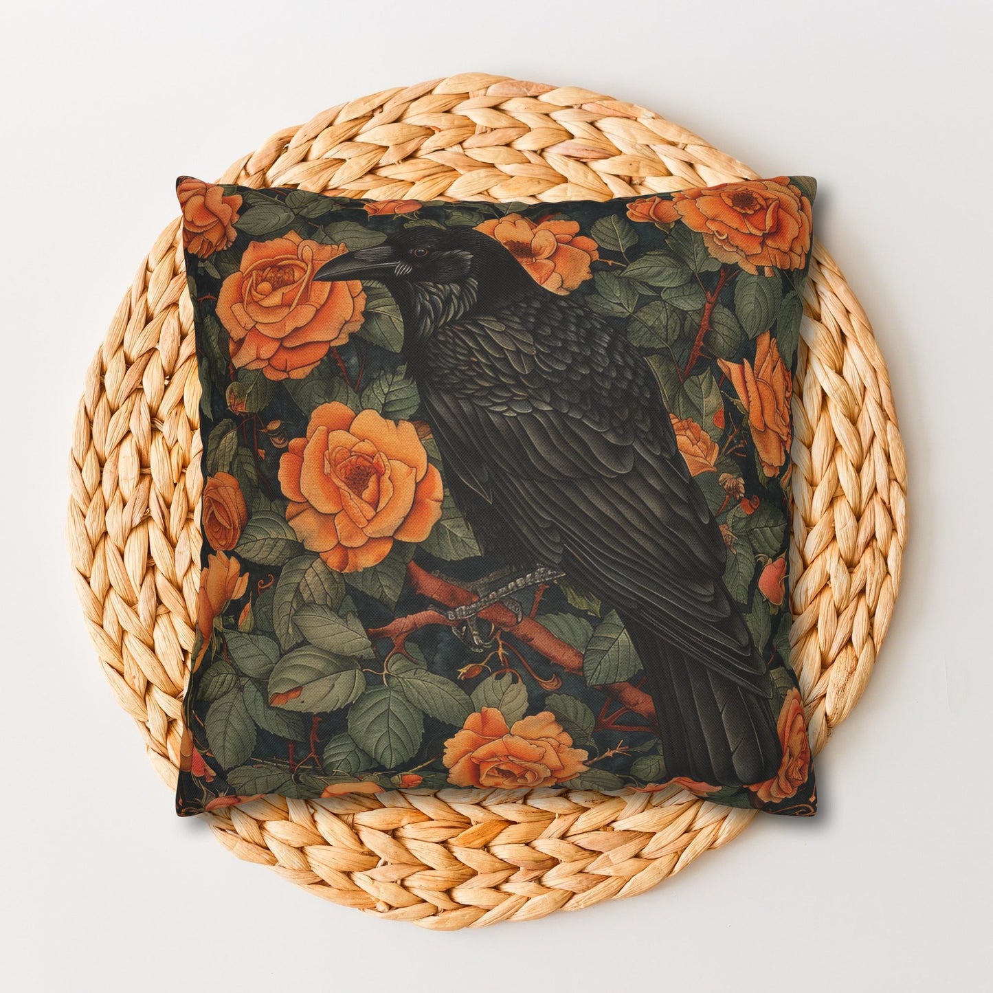 William Morris Inspired Raven Orange Roses Gothic Throw Pillowcase