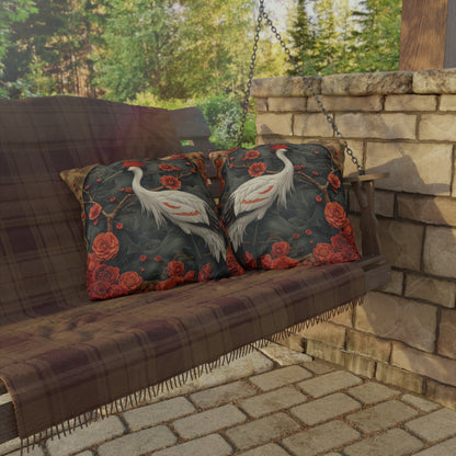 Japanese Crane Floral Outdoor Pillow, Red Crown Crane Throw Pillow, Oriental Bird Cushion, Zen Garden Decor, Asian Inspired Accent Pillow, Nature Lover Gift