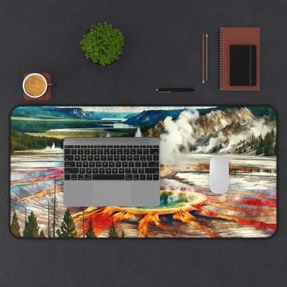 Yellowstone National Park Desk Mat 2 Sizes | Watercolor Faux Stained Glass | Gamer Keyboard Desk Mats