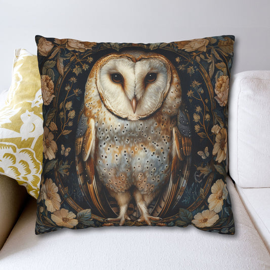 William Morris Inspired, Barn Owl Forest Floral Art, Decorative  Pillowcase