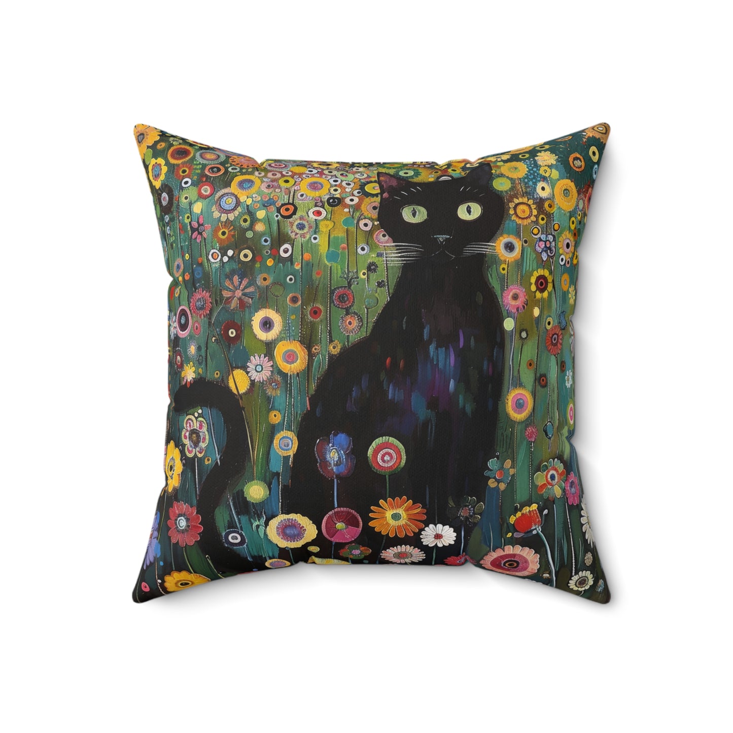 Whimsical Cat Floral Mewdow Square Pillow, Gustav Klimt Home Decor, Black Cat Cushion