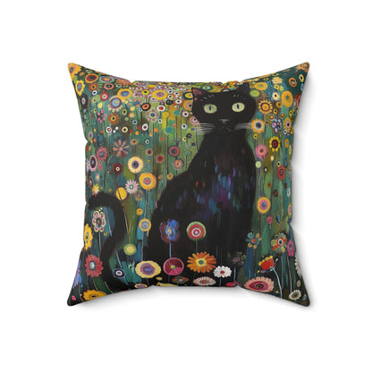 Whimsical Cat Floral Mewdow Square Pillow, Gustav Klimt Home Decor, Black Cat Cushion
