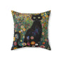 Whimsical Cat Floral Mewdow Square Pillow, Gustav Klimt Home Decor, Black Cat Cushion