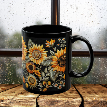 Sunflowers Pattern Embroidery Mug Black Mug (11oz, 15 oz)