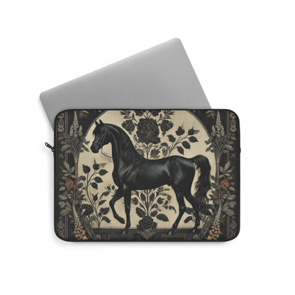 Black Stallion Laptop Sleeve, William Morris Inspired Vintage Horse Art Case, Elegant Floral Laptop Cover (12”, 13”, 15”)