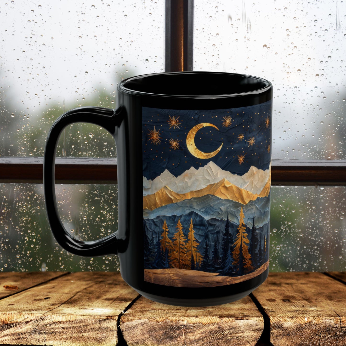 Mountain &amp; Pine Trees Black Coffee Mug, Carved Wood Style Landscape, Starry Night Moonlit Forest Cup, Nature Lover Gift (11oz/15oz)