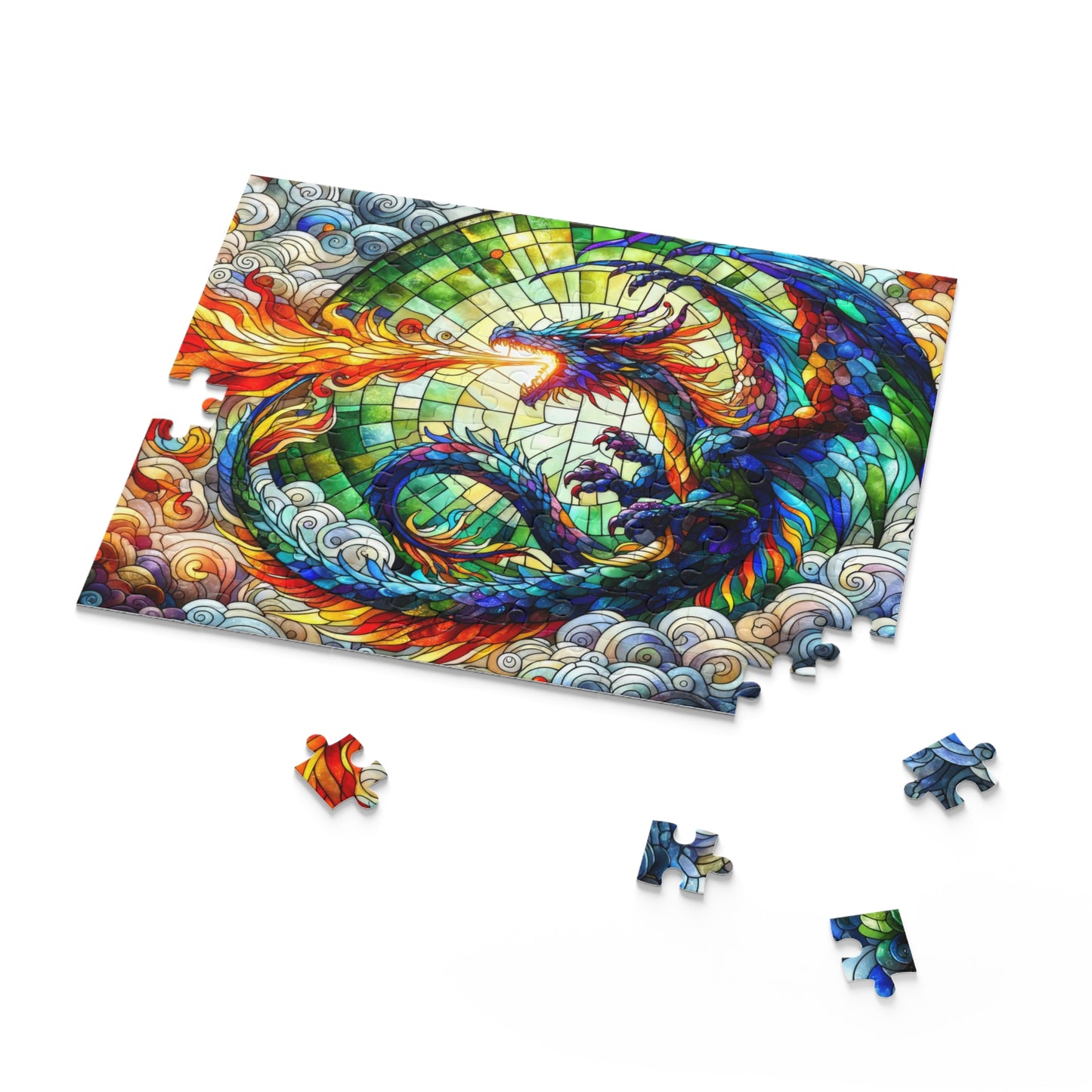 Colorful Dragon Stained Glass Jigsaw Puzzle Box (120, 252, 500-Piece) Adult Jigsaw Puzzle, Gift Him Her