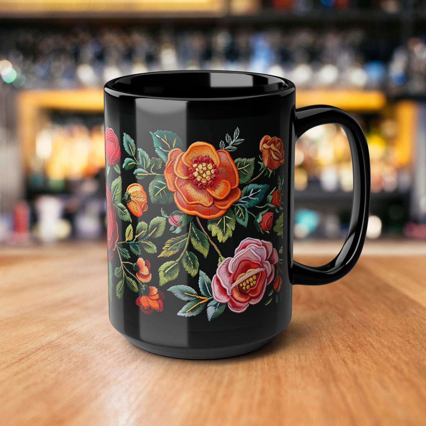Vintage Roses Pattern Embroidery Black Mug 11oz