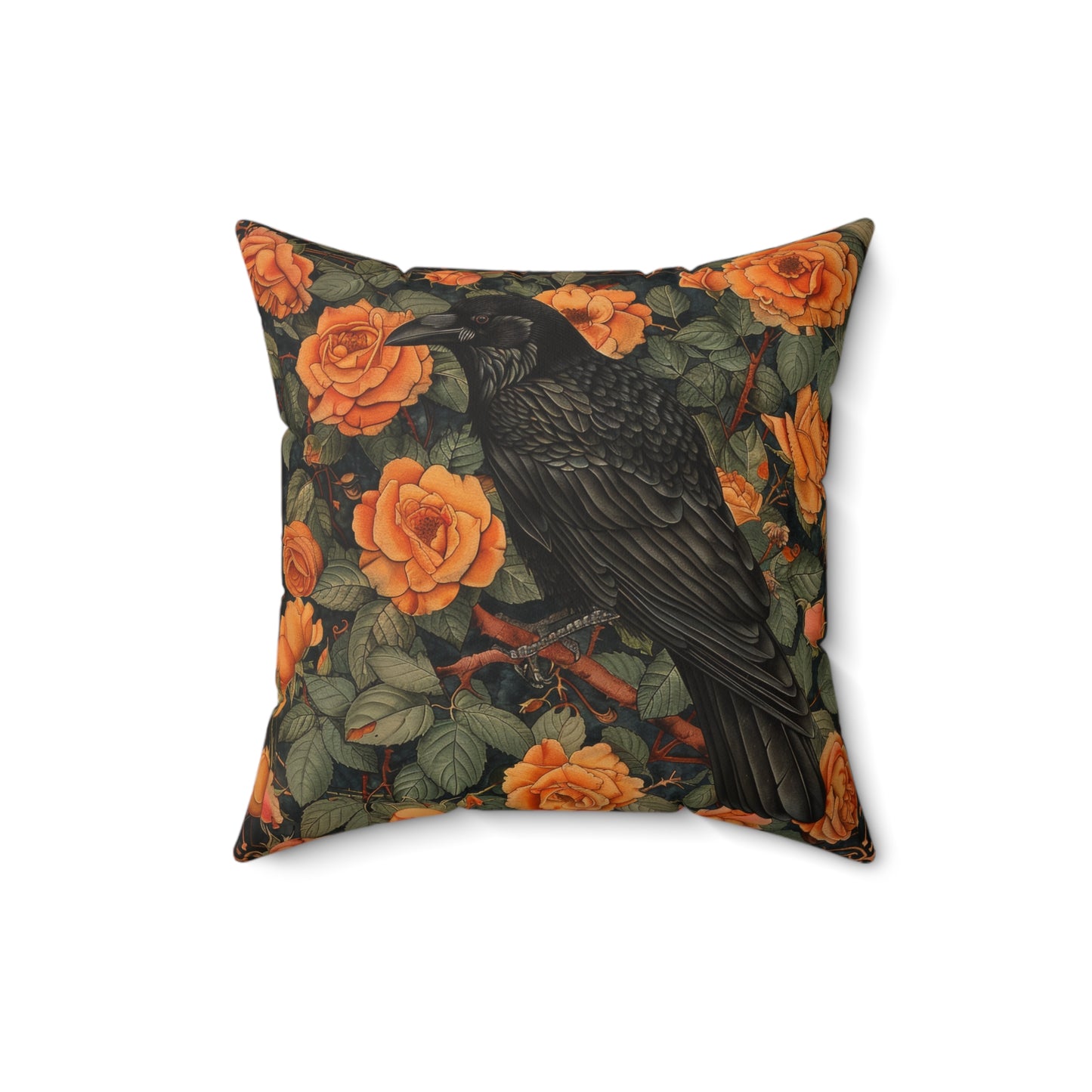 Raven Orange Roses Gothic Throw Pillow | William Morris Inspired Raven Halloween Pillow Decor