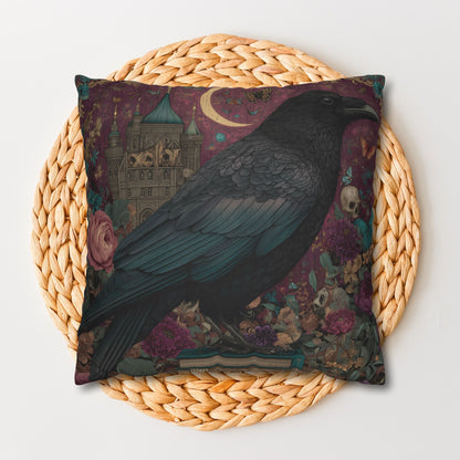 Mystical Raven Gothic Pillowcase with Floral Castle Art – Spooky Halloween Decor, Dark Academia Throw Pillow