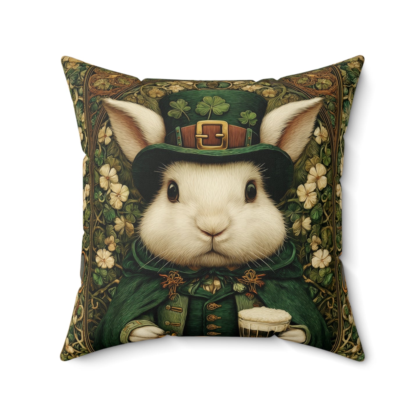 Leprechaun Bunny Decorative Pillow, St Patrick Day William Morris Style Rabbit Cushion