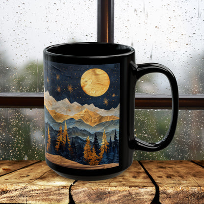 Mountain &amp; Pine Trees Black Coffee Mug, Carved Wood Style Landscape, Starry Night Moonlit Forest Cup, Nature Lover Gift (11oz/15oz)