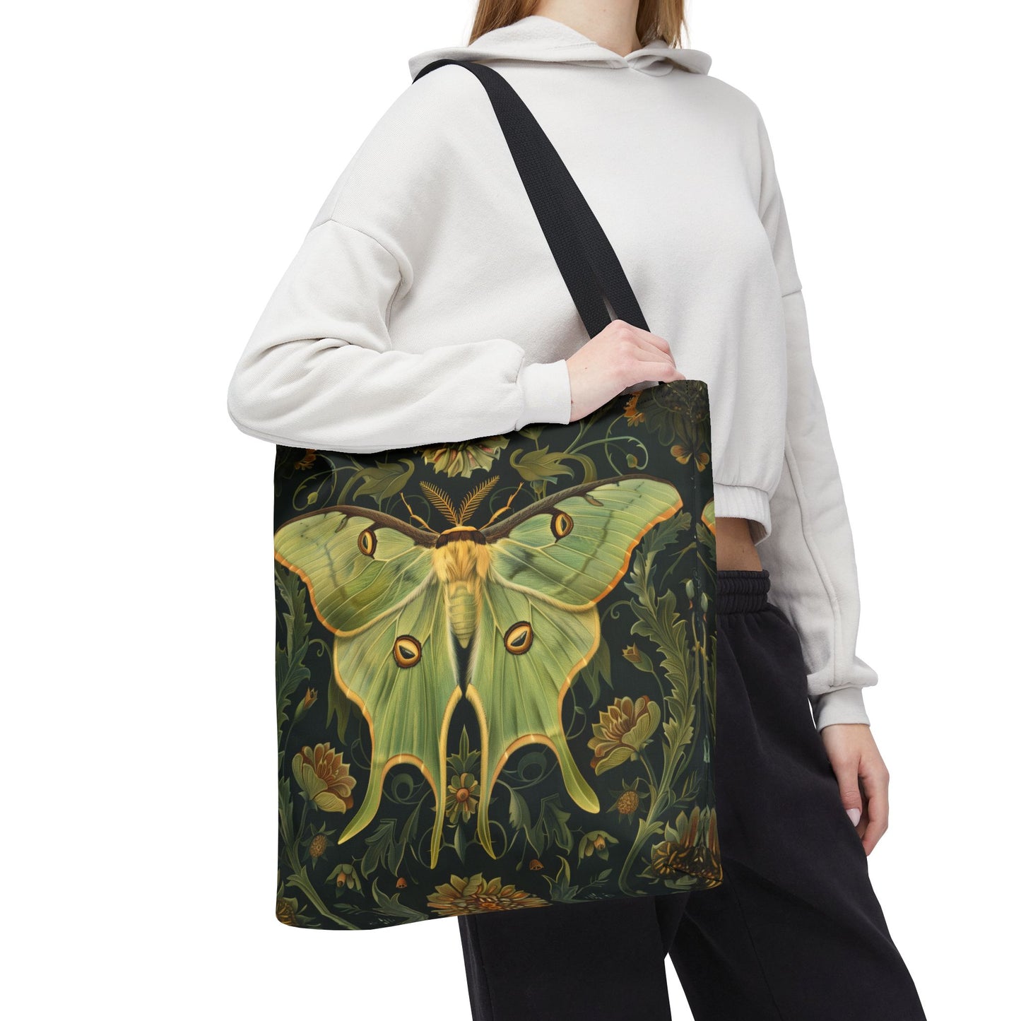 Luna Moth Botanical Tote Bag, William Morris Inspired, Sage Green Nature Bag