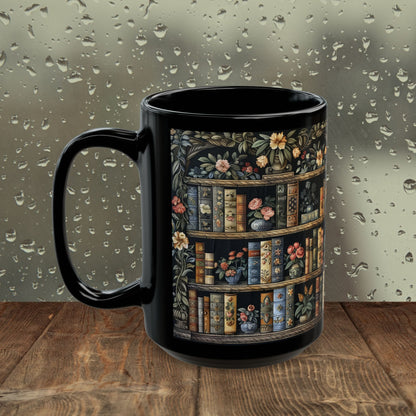 Vintage Bookshelf Mug, William Morris Style Library Black Ceramic Mug, Dark Academia Floral Book Lover Coffee Cup 11oz & 15oz