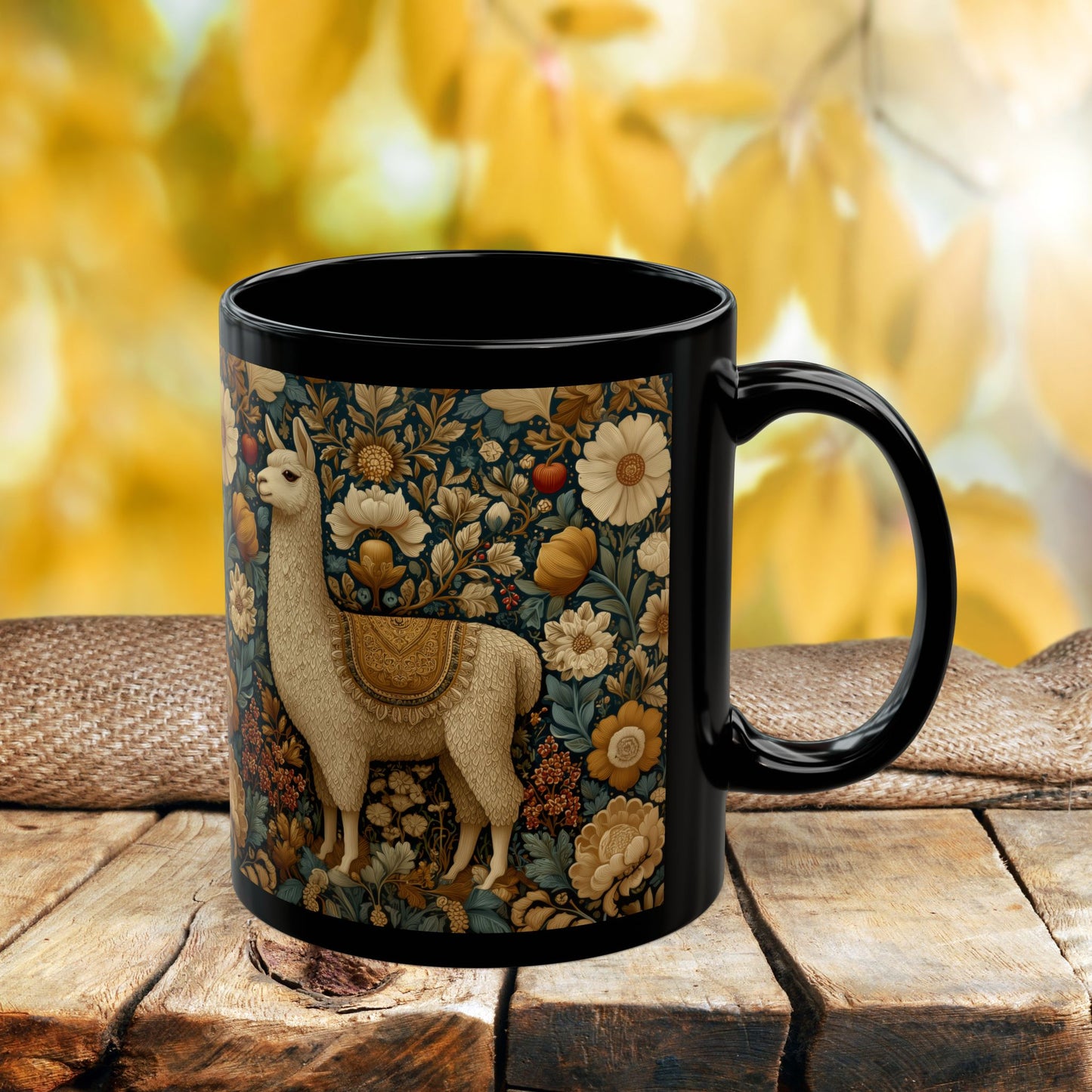 Vintage Floral Llama Mug | Black Ceramic Coffee Cup